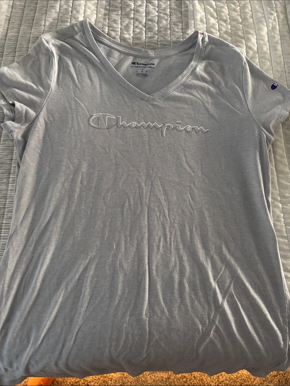 Champion Light Gray V-Neck Script Logo Tee